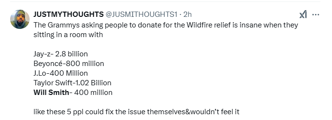 A screenshot of a tweet from 'JUSTMYTHOUGHTS' criticizing the Grammys for asking for wildfire donations while listing the…