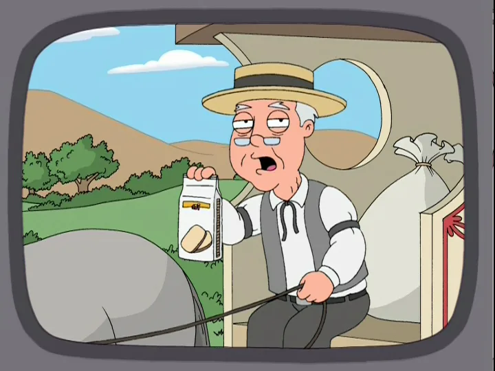 A cartoon farmer in a straw hat and vest sits in a wagon, holding a carton of milk with a bread slice graphic, looking…