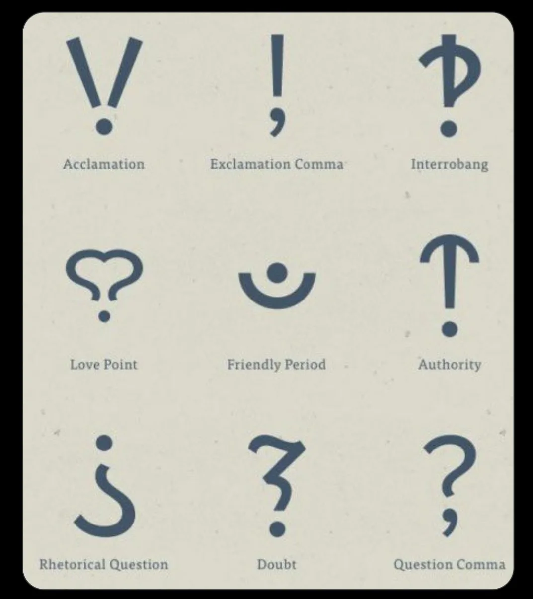 An infographic-style image displays nine stylized punctuation marks arranged in a 3x3 grid on a light beige background. Each…