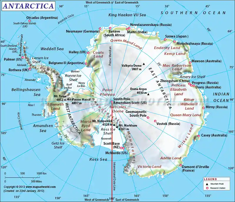 A detailed map of Antarctica showing research stations, mountain peaks, and geographic features, with the word 'ANTARCTICA'…