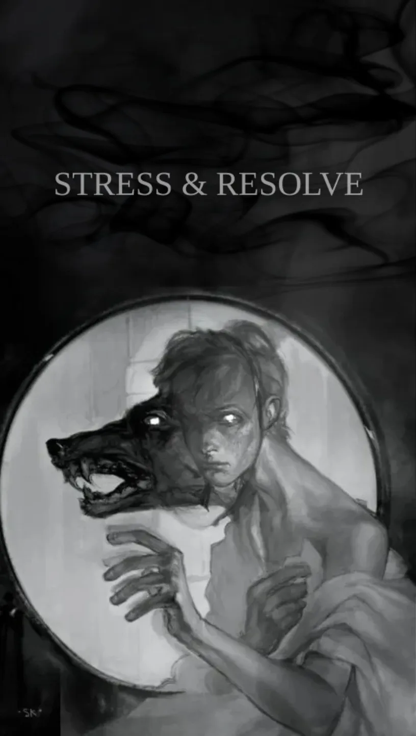 A black-and-white illustration shows a person with a wolf's head emerging from their shoulder, looking distressed, framed…
