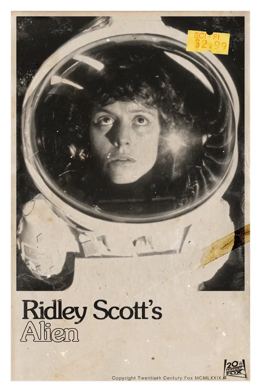 A vintage-style movie poster for Ridley Scott's Alien, featuring a close-up of the protagonist in an astronaut helmet, with…
