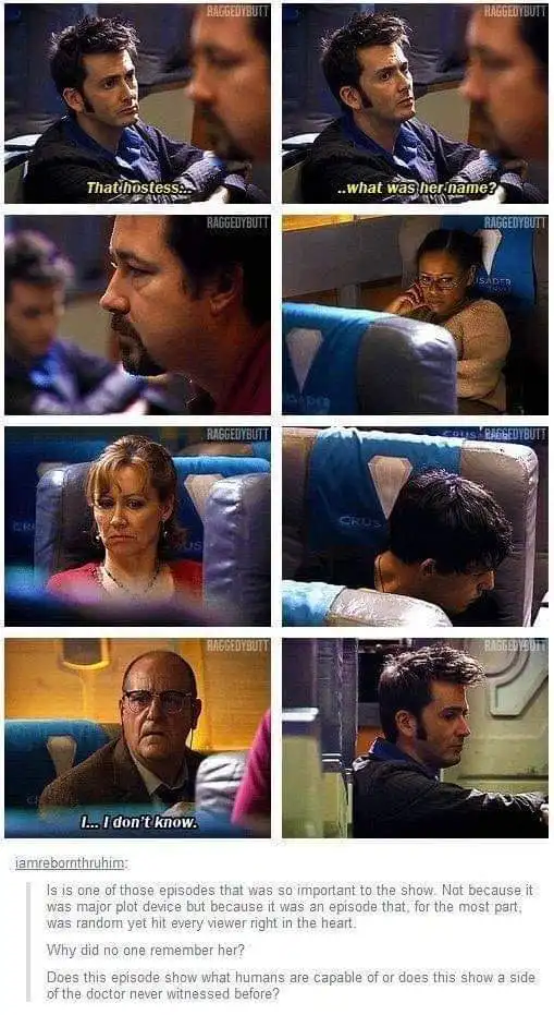 A six-panel comic strip from the TV show 'Doctor Who' showing the Doctor (David Tennant) asking a passenger about a flight…