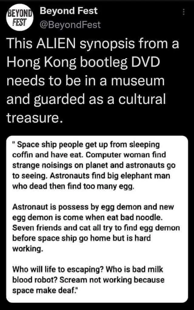 A screenshot of a tweet from Beyond Fest shows a bizarre, fragmented synopsis of an alien movie, attributed to a Hong Kong…