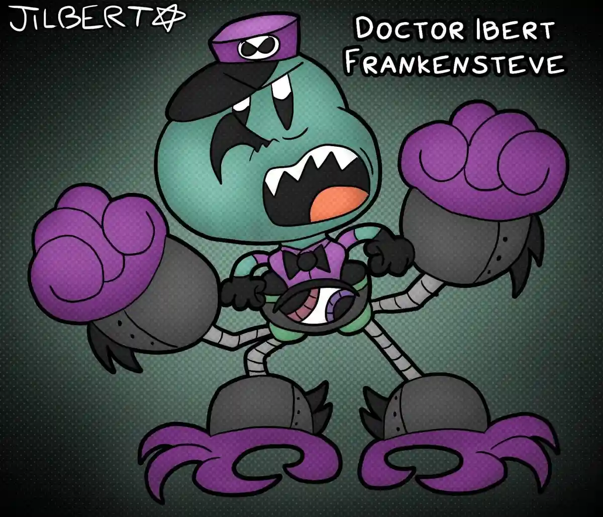 A cartoonish, teal-skinned monster with a purple hat and bowtie, featuring a single large eye in a mechanical chest, purple…