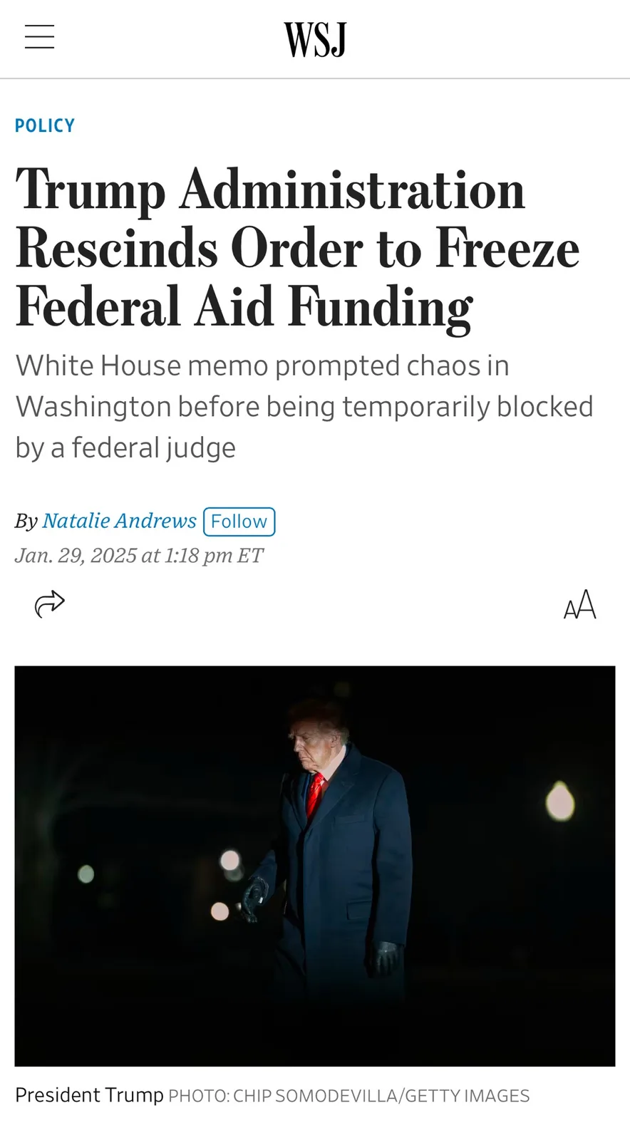 A screenshot of a Wall Street Journal article with a headline about the Trump administration rescinding an order to freeze…
