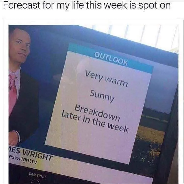A screenshot of a weather forecast on a TV screen, showing 'OUTLOOK: Very warm, Sunny, Breakdown later in the week'. The…