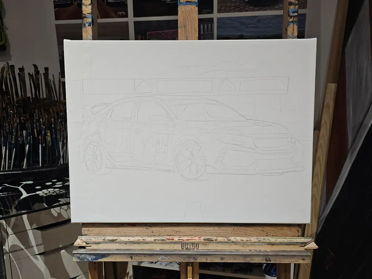 A white canvas on an easel shows a faint pencil outline of a modern car, with visible background elements like paintbrushes…