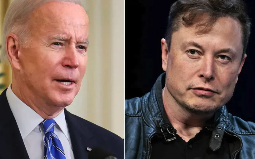 The image is a side-by-side split of two men: on the left, Joe Biden in a suit and tie, looking slightly concerned or…