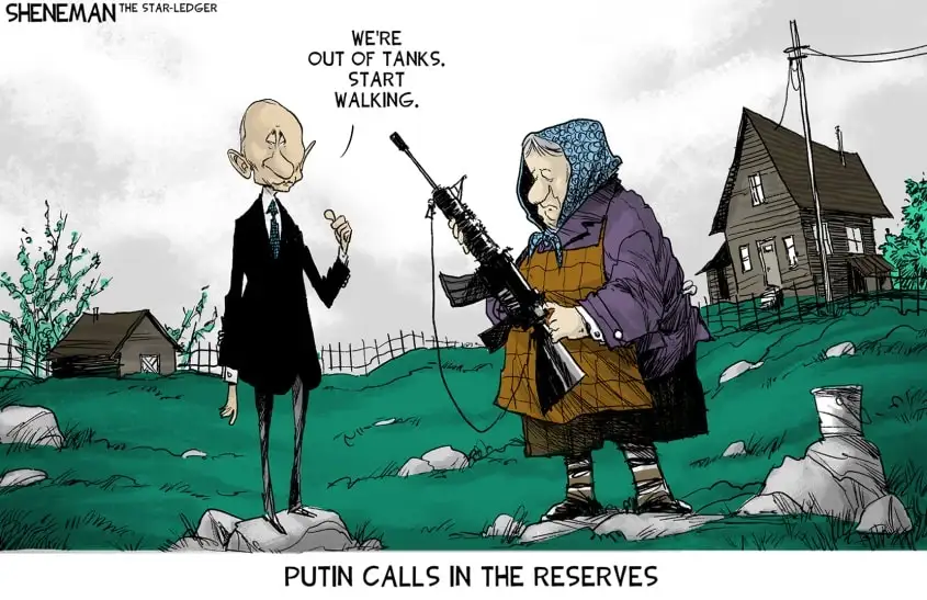A cartoon depicts a caricature of Vladimir Putin in a suit standing next to an elderly woman in a headscarf and apron…