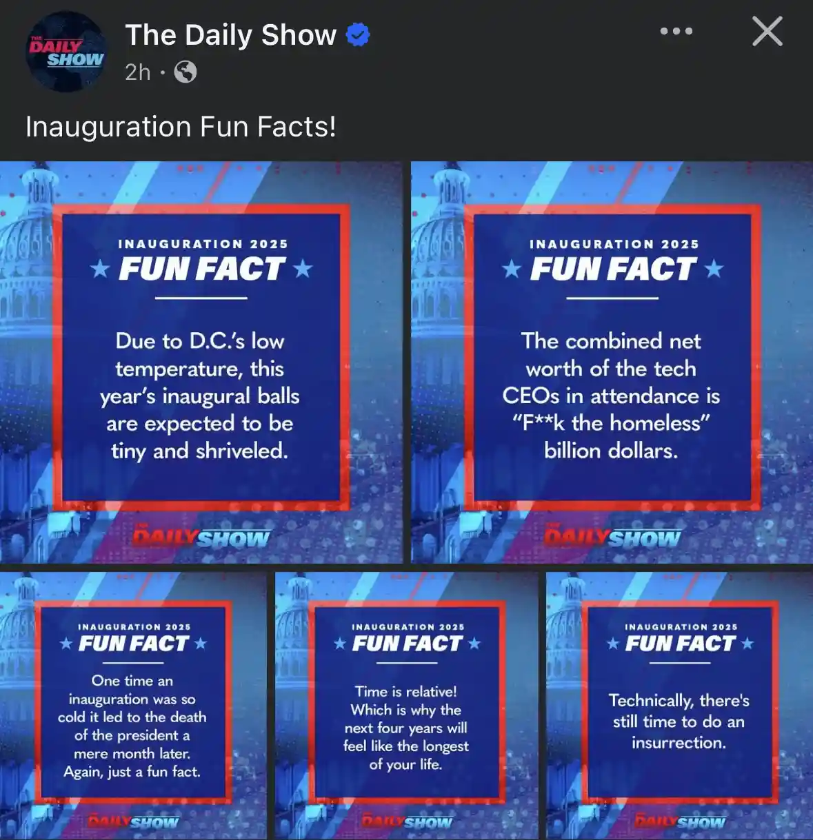 The image displays five panels from 'The Daily Show' with a blue and red graphic template titled 'INAUGURATION 2025 FUN…