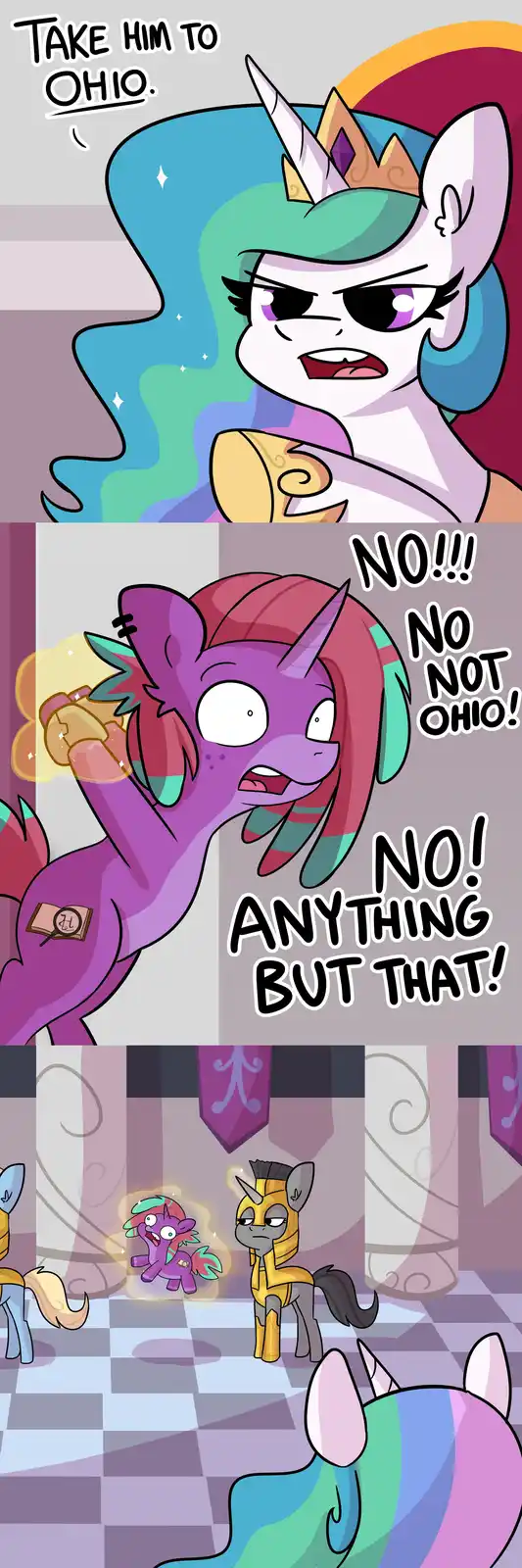 A three-panel comic strip featuring characters from My Little Pony. In the top panel, a regal, angry-looking pony with a…