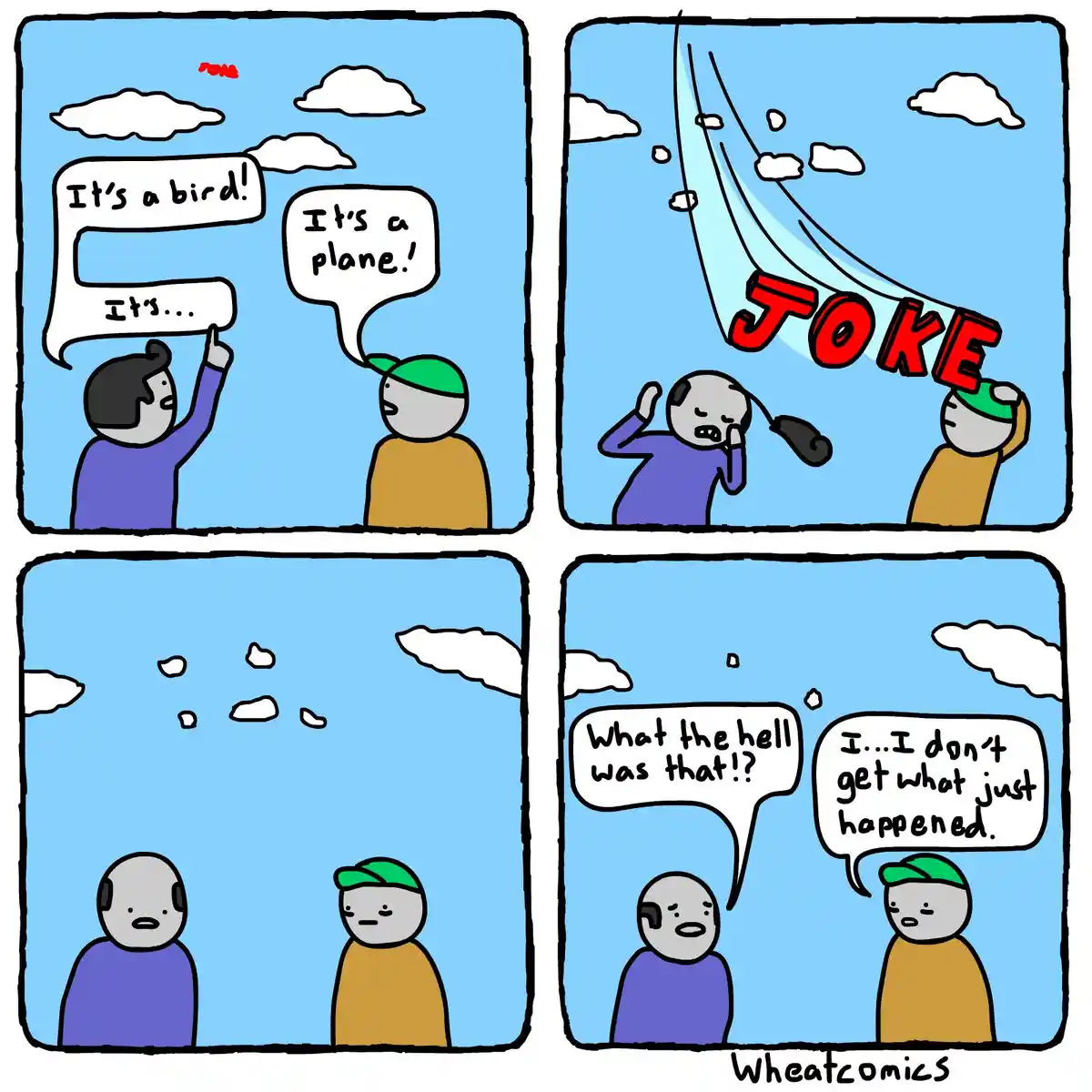 A four-panel comic shows two men looking up at a sky object, debating if it's a bird or plane. The second panel reveals the…
