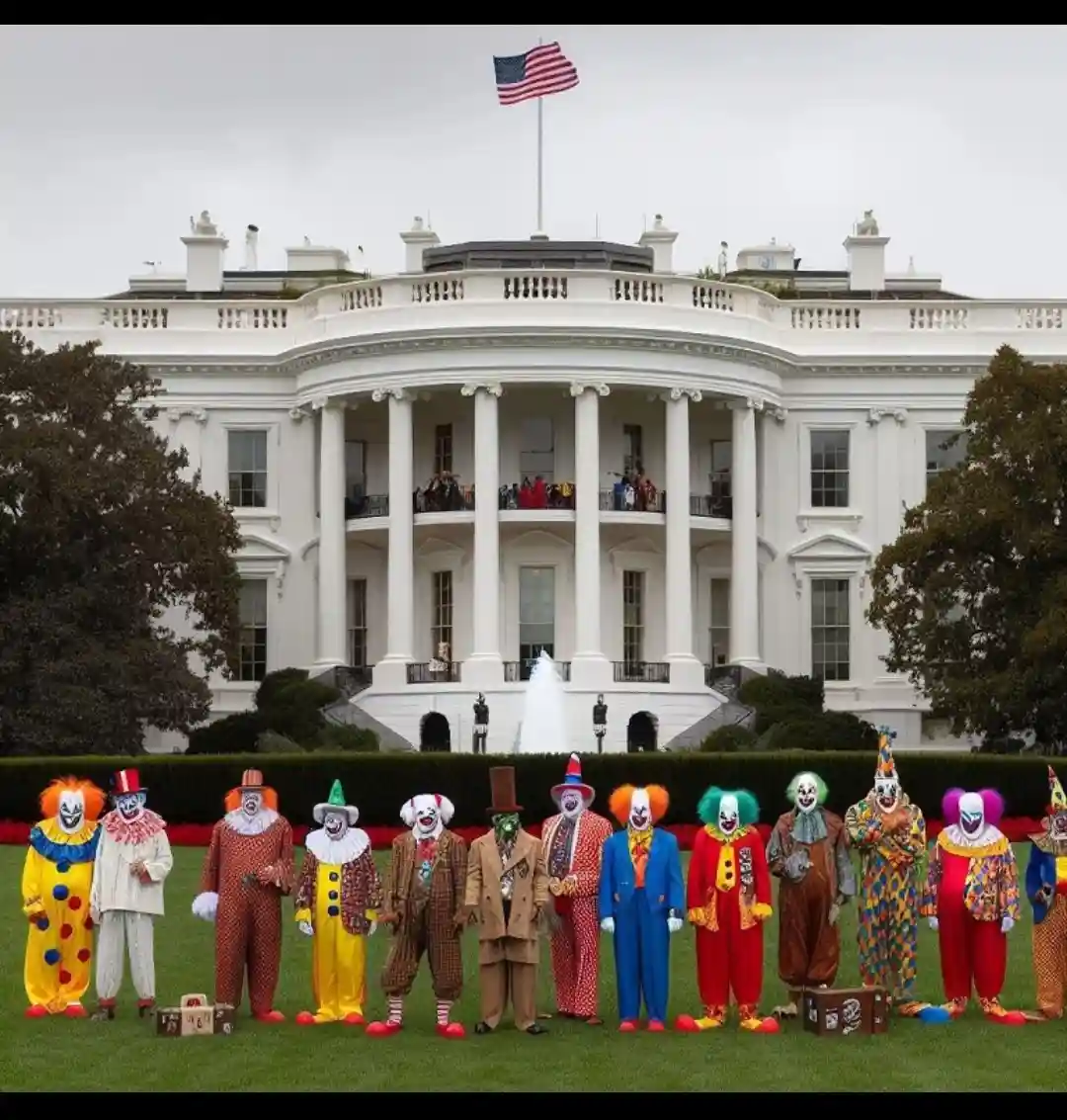 A line of numerous clowns in colorful, varied costumes stands on the lawn in front of the White House, with the American…