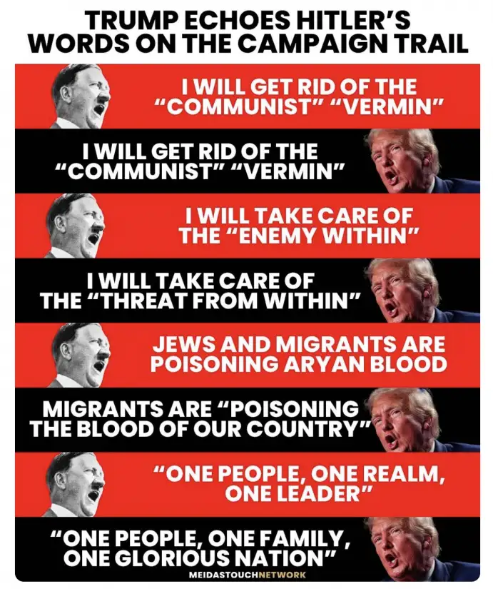 The image is a vertical meme comparing Donald Trump's campaign rhetoric to Adolf Hitler's speeches, with alternating red and…