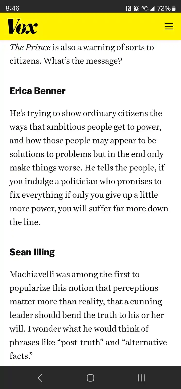 A screenshot of a Vox article discussing Machiavelli's 'The Prince,' featuring quotes from Erica Benner and Sean Illing. The…