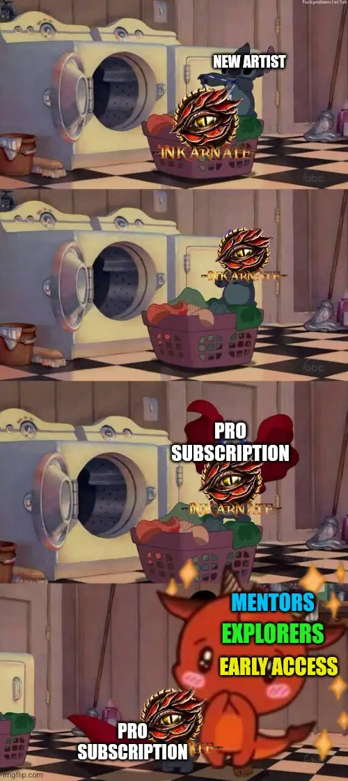 A four-panel meme using a cartoon laundry room scene. In each panel, a laundry basket with the Inkarnate logo is shown, but…