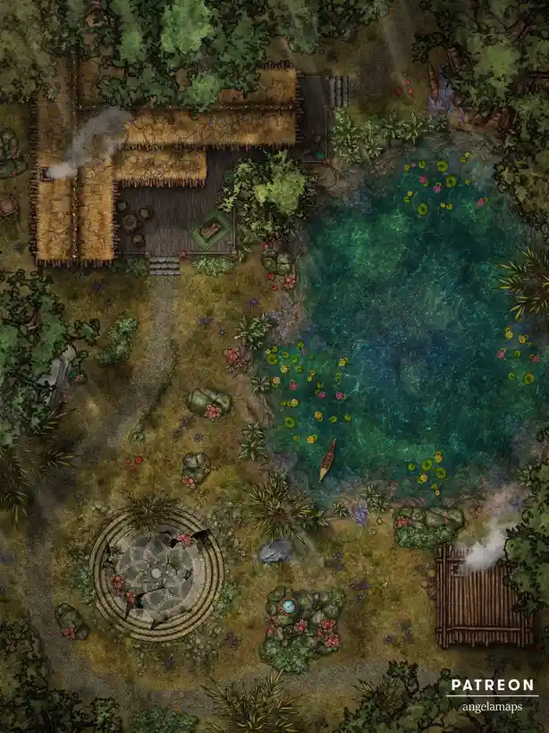 An overhead fantasy map depicts a lush, detailed environment with a thatched-roof hut, a large teal pond with lily pads, a…