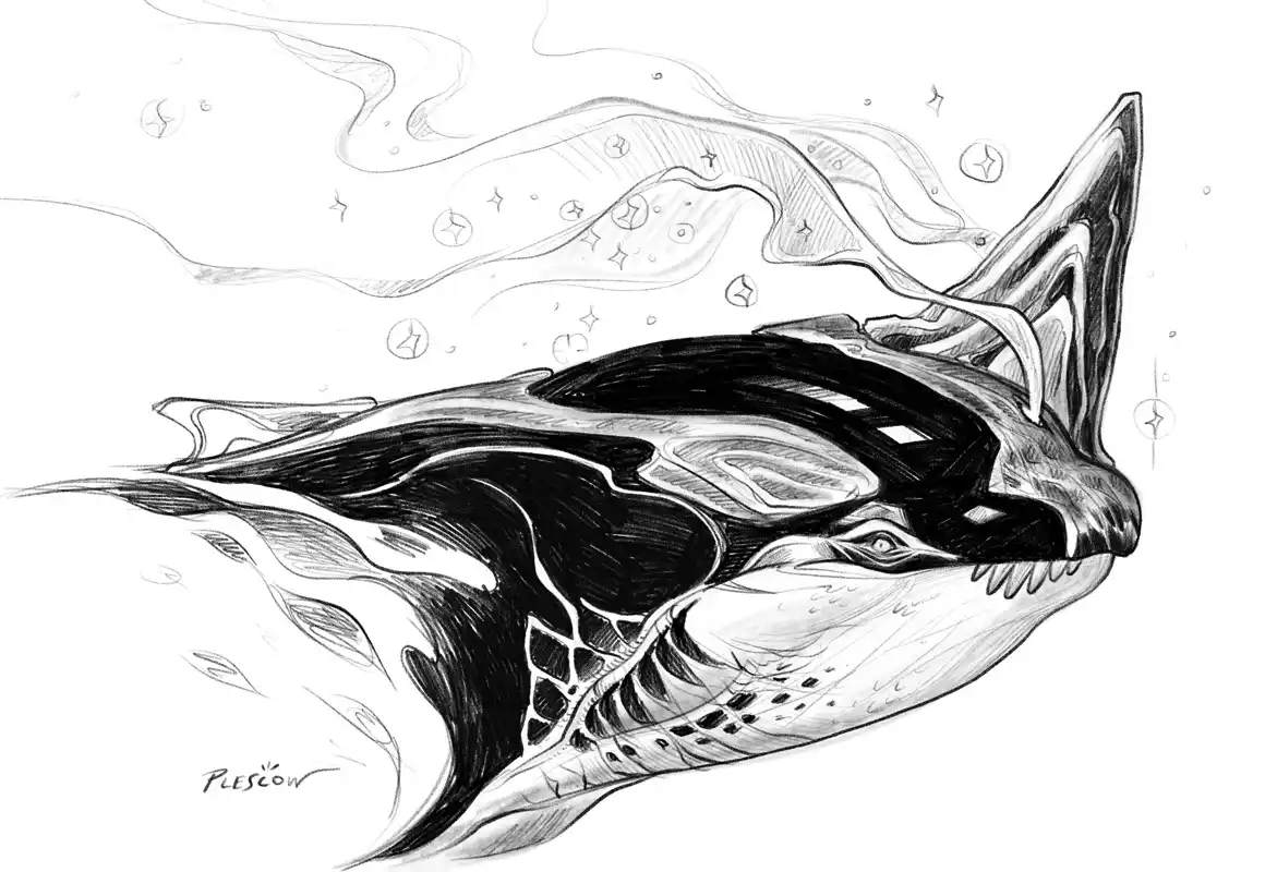 A black-and-white pencil drawing of a stylized orca whale, rendered with flowing, ethereal lines and cosmic elements like…