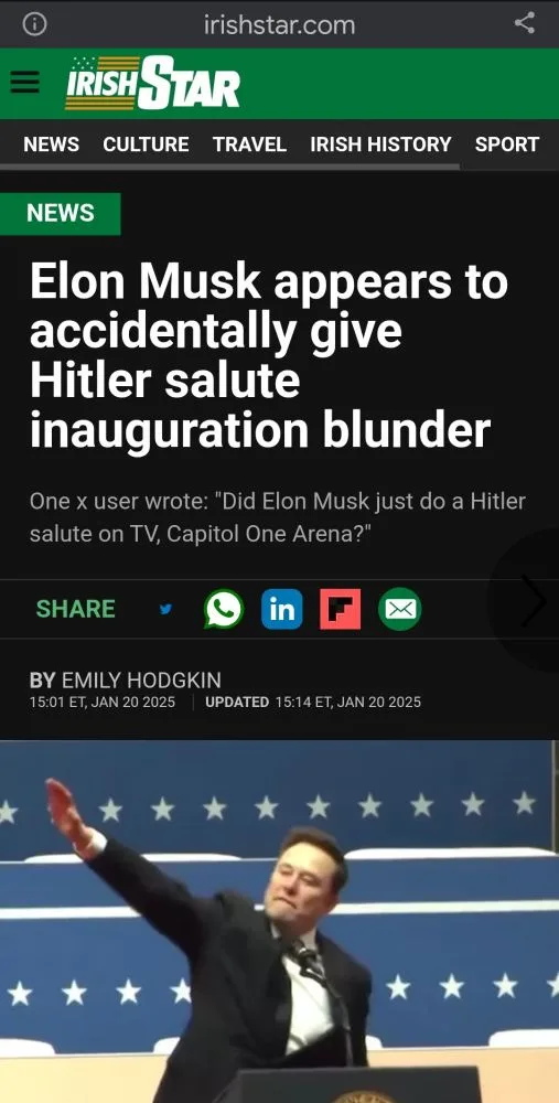 A screenshot of an Irish Star news article with the headline 'Elon Musk appears to accidentally give Hitler salute…