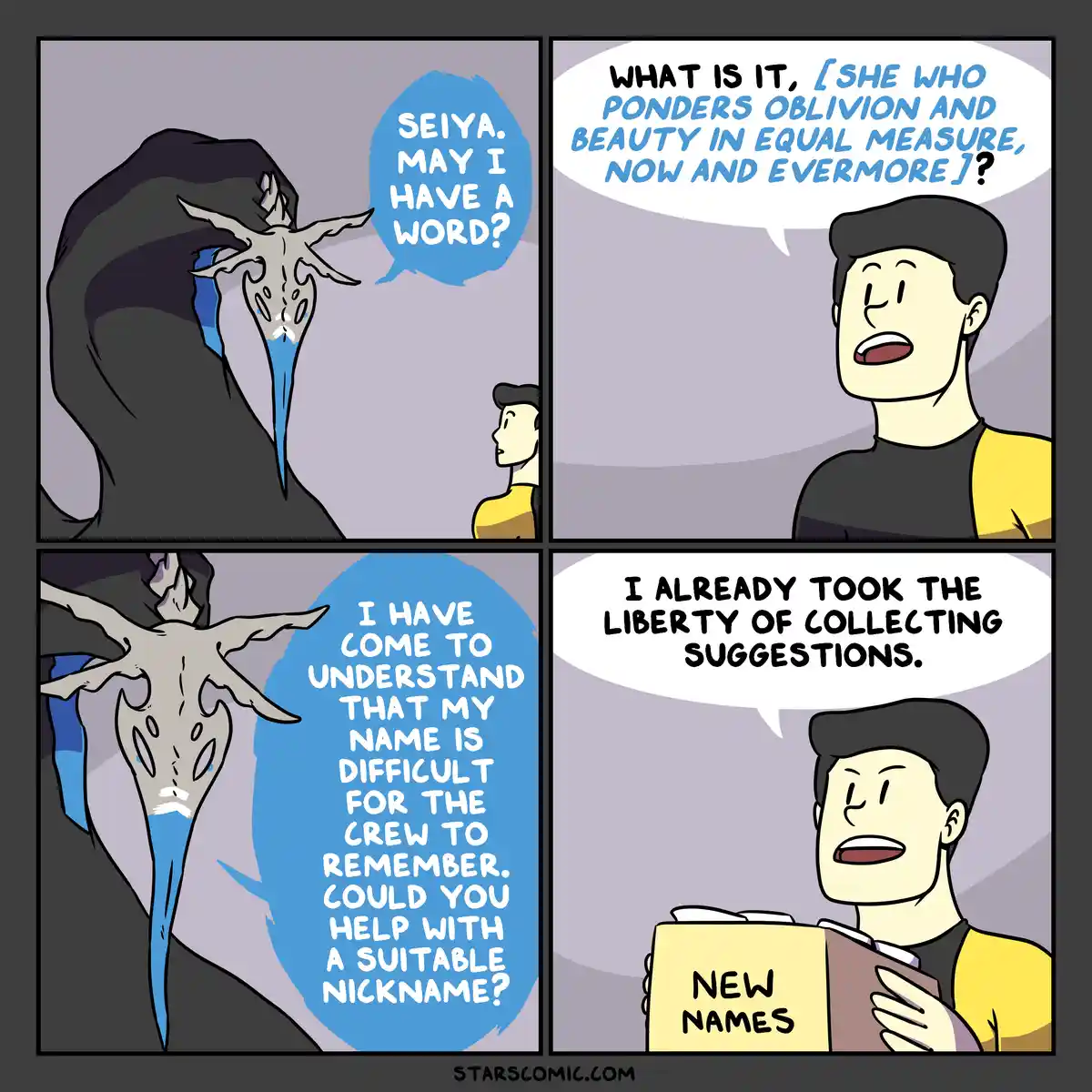 A four-panel comic shows a character with a skull-like face and blue tears asking Seiya for a nickname because their name is…
