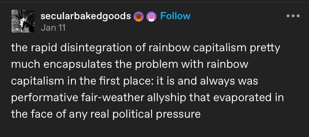 A screenshot of a social media post by 'secularbakedgoods' dated Jan 11, featuring white text on a dark background. The text…