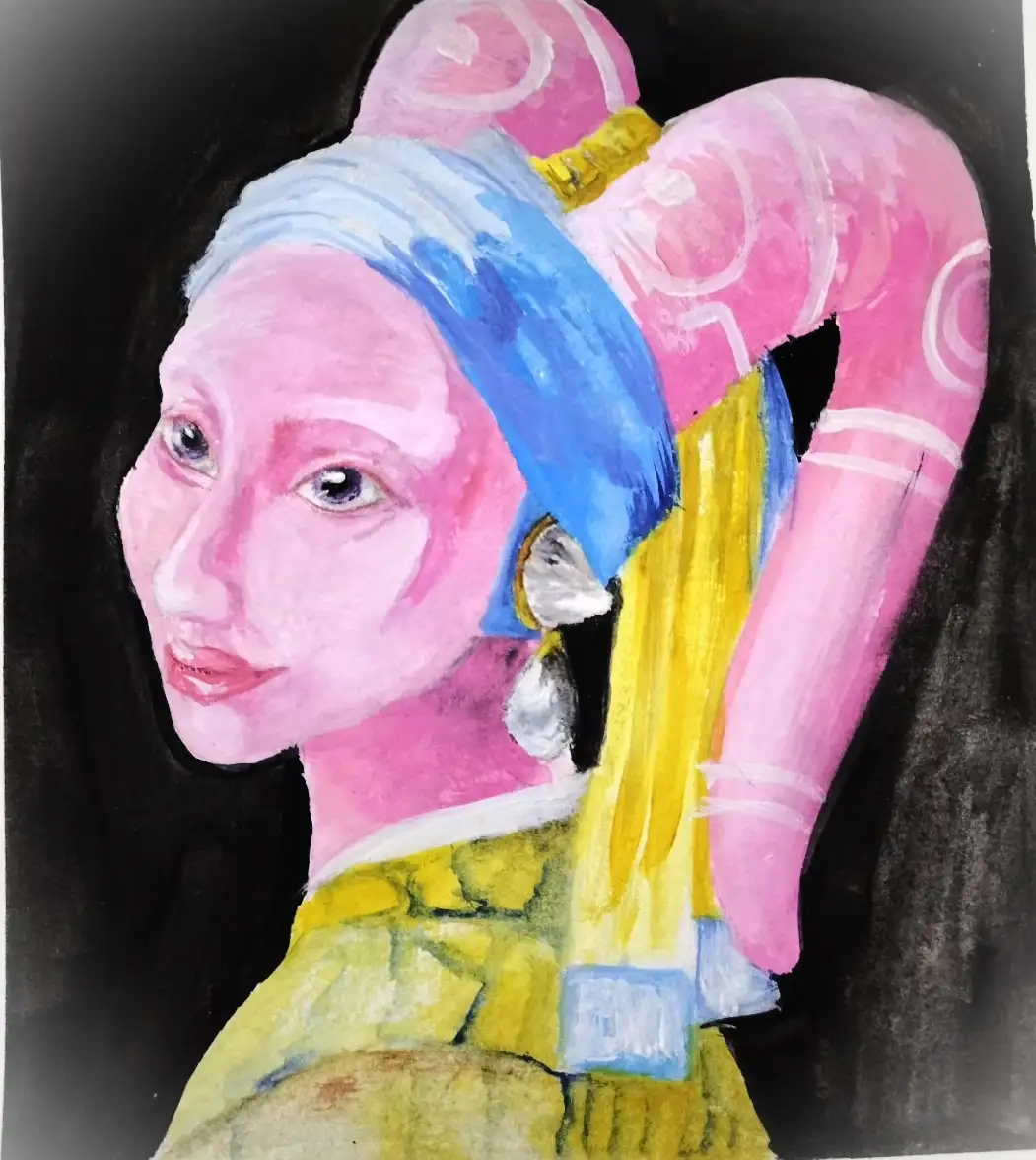 A hand-drawn, stylized portrait of a woman with pink skin, blue headscarf, and yellow clothing, featuring a large pink…