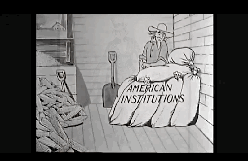 A black-and-white animated sequence shows a man sitting atop a large sack labeled 'AMERICAN INSTITUTIONS'. In the final…