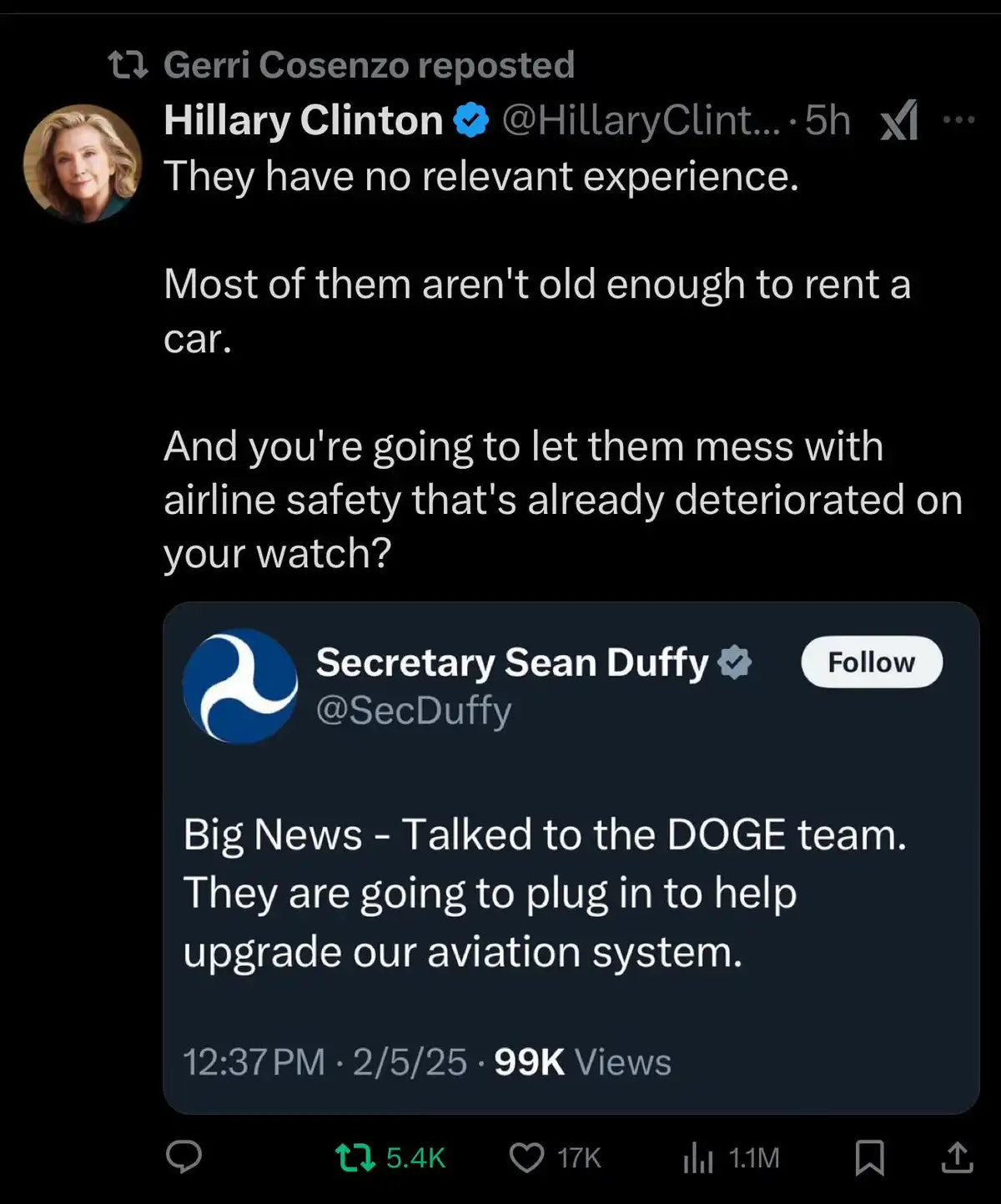 A screenshot of a Twitter thread shows Hillary Clinton's reposted tweet criticizing inexperienced individuals, followed by a…