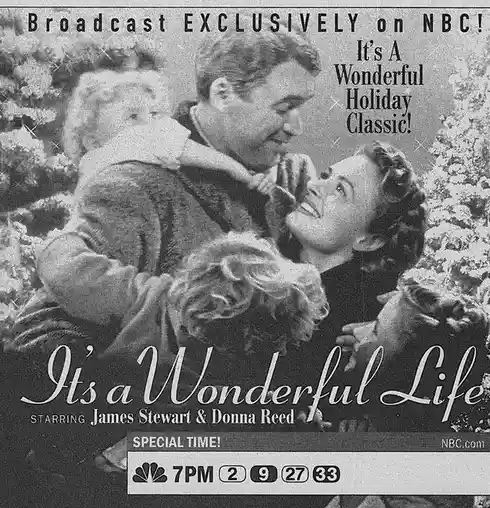 This is a vintage black-and-white promotional poster for the classic film 'It's a Wonderful Life,' featuring actors James…