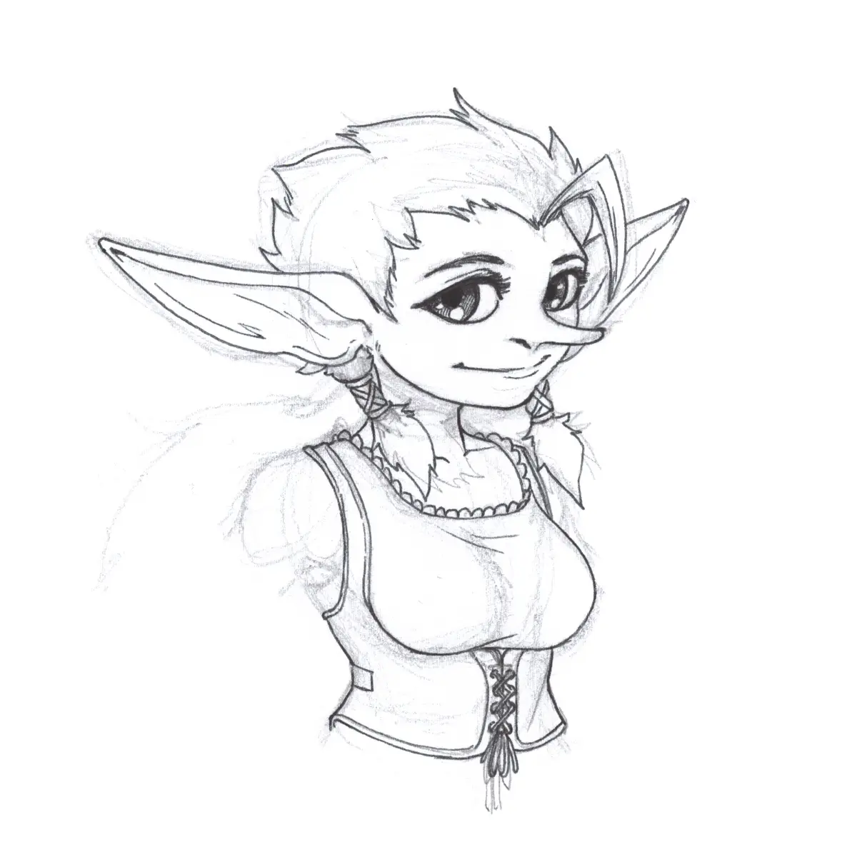 A pencil sketch of a chibi-style fantasy character with large pointed ears, short spiky hair, and a corset-like top, smiling…