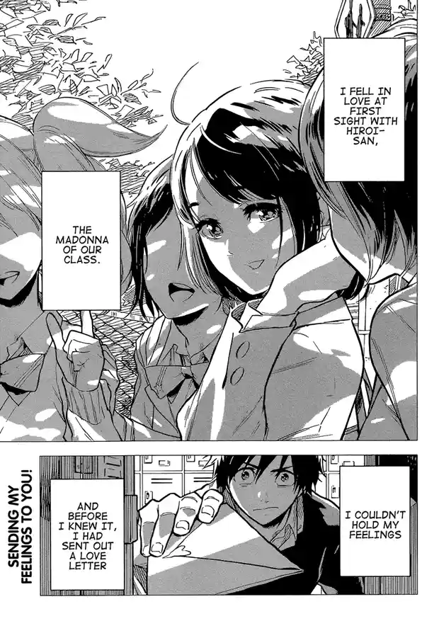 A manga panel shows a girl gushing about her crush, calling him 'Hiroi-san' and 'the Madonna of our class,' while a boy…