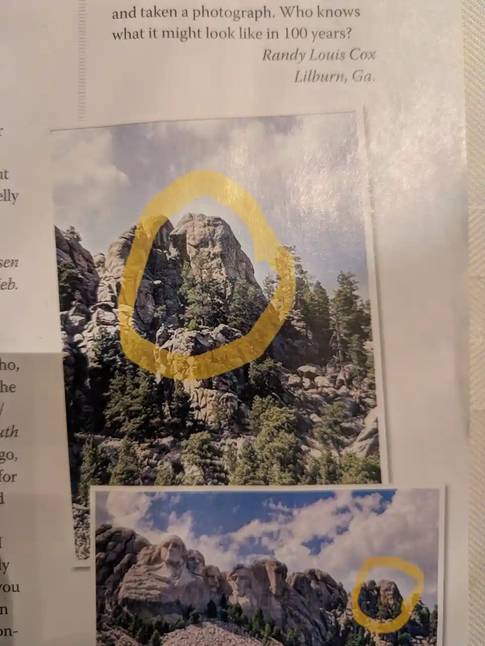Two photos are shown: the top one features a mountain with a yellow circle highlighting a rock formation that resembles the…
