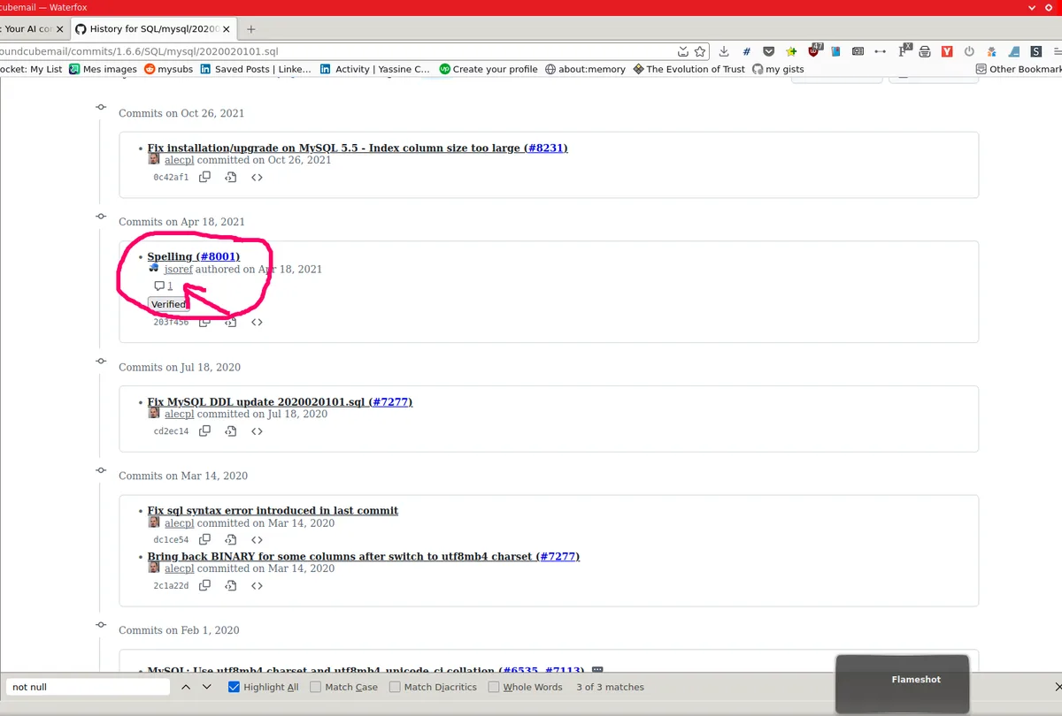 A screenshot of a GitHub-style commit history for MySQL code, where one commit titled 'Spelling (#8001)' by user jsoref is…