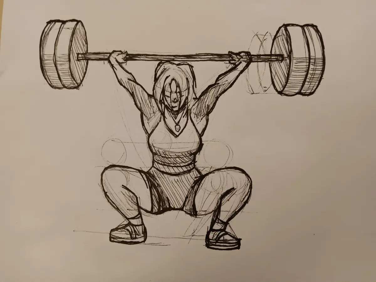 A black-and-white sketch shows a muscular person in a squat position, holding a heavy barbell across their upper back. The…