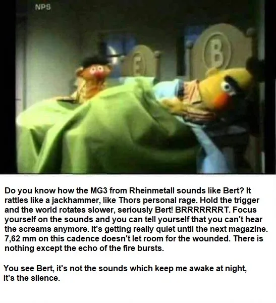 A still from a Muppet show featuring Bert and Ernie in bed under a green blanket. Bert is lying on his side, partially…