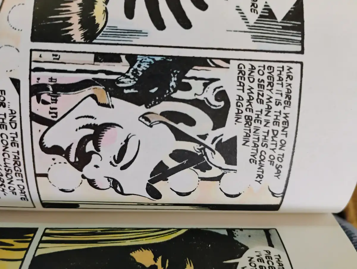 A vintage comic book panel shows a man lying on his back with a smug, satisfied expression, while a large foot presses down…