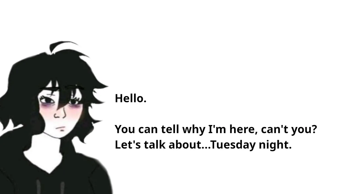 An anime-style illustration of a person with dark hair and a somber expression, wearing a dark hoodie against a plain white…