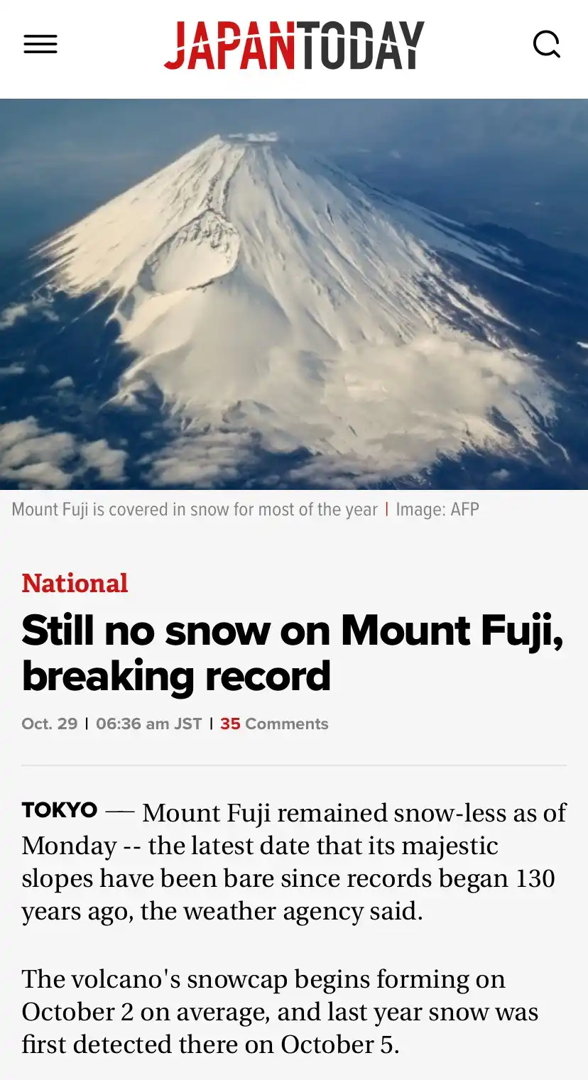 A screenshot of a Japan Today news article shows a snow-covered Mount Fuji with the headline 'Still no snow on Mount Fuji…
