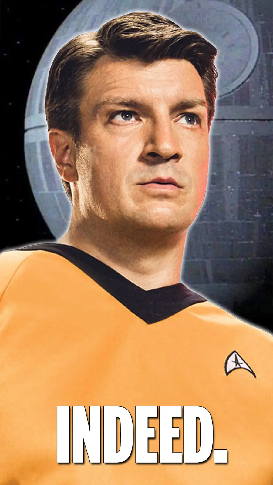 A man in a Star Trek orange uniform with a Starfleet insignia looks upward with a serious expression, set against a space…