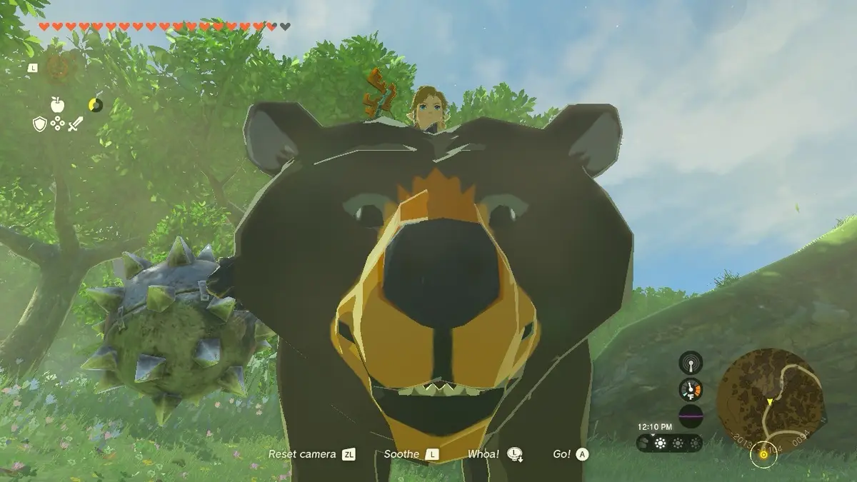 In a screenshot from The Legend of Zelda: Breath of the Wild, the player character Link is perched atop the head of a large…