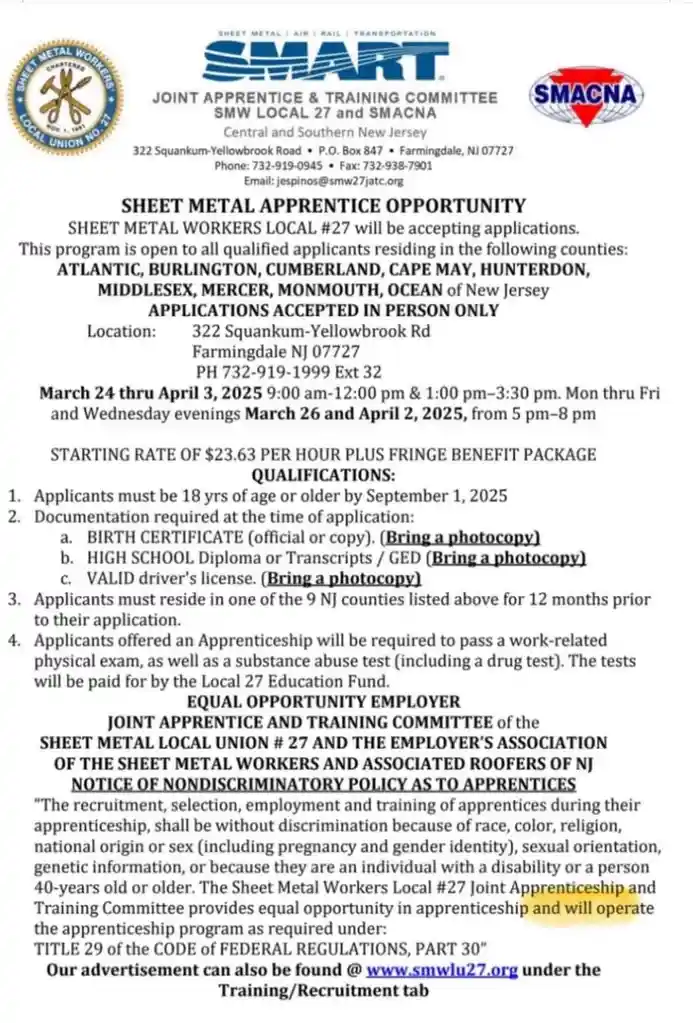 A formal apprenticeship flyer from Sheet Metal Workers Local #27 and SMACNA detailing application requirements, location…