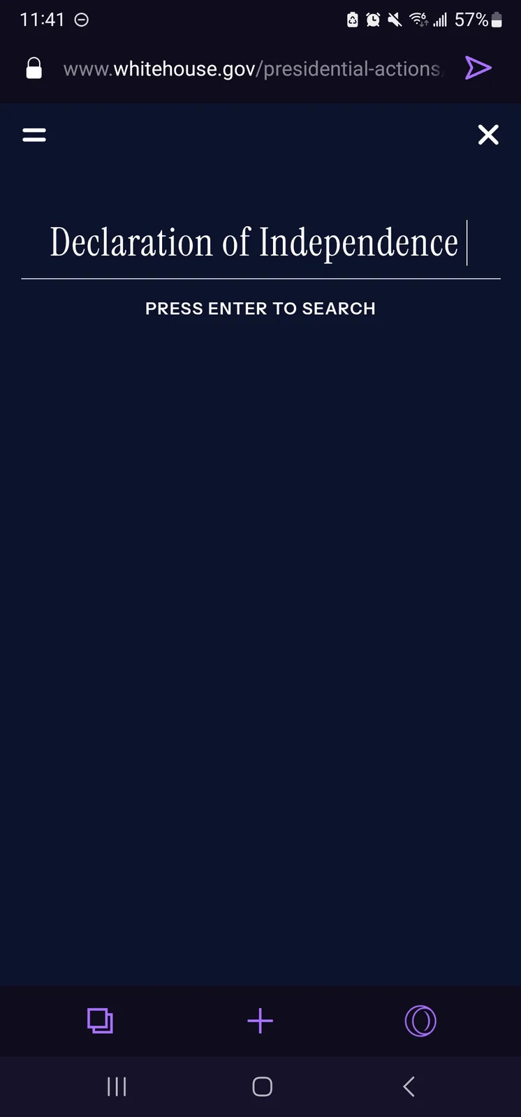 A smartphone screenshot shows a search bar on the White House website with 'Declaration of Independence' typed in, and…