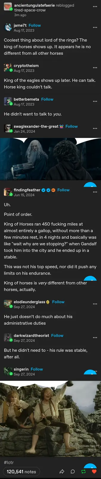 The image shows a screenshot of a Tumblr thread discussing the 'King of Horses' from Lord of the Rings, with a central image…