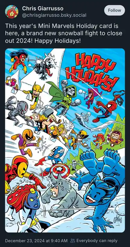 A colorful comic-style illustration depicts numerous Marvel superheroes and villains engaged in a chaotic snowball fight…