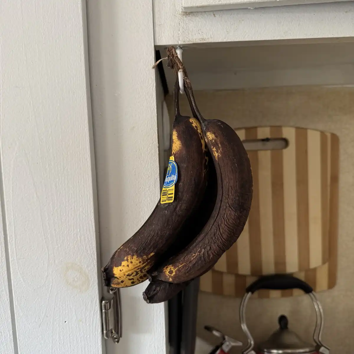 Two extremely overripe bananas, mostly black and shriveled, hang from a white hook attached to a cabinet door in a kitchen…