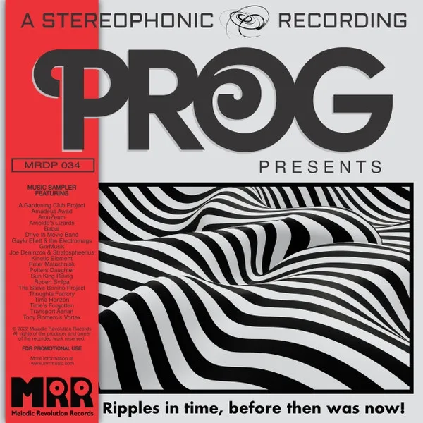 An album cover for 'Prog Presents' by Melodic Revolution Records, featuring a black-and-white wavy zebra-stripe pattern and…