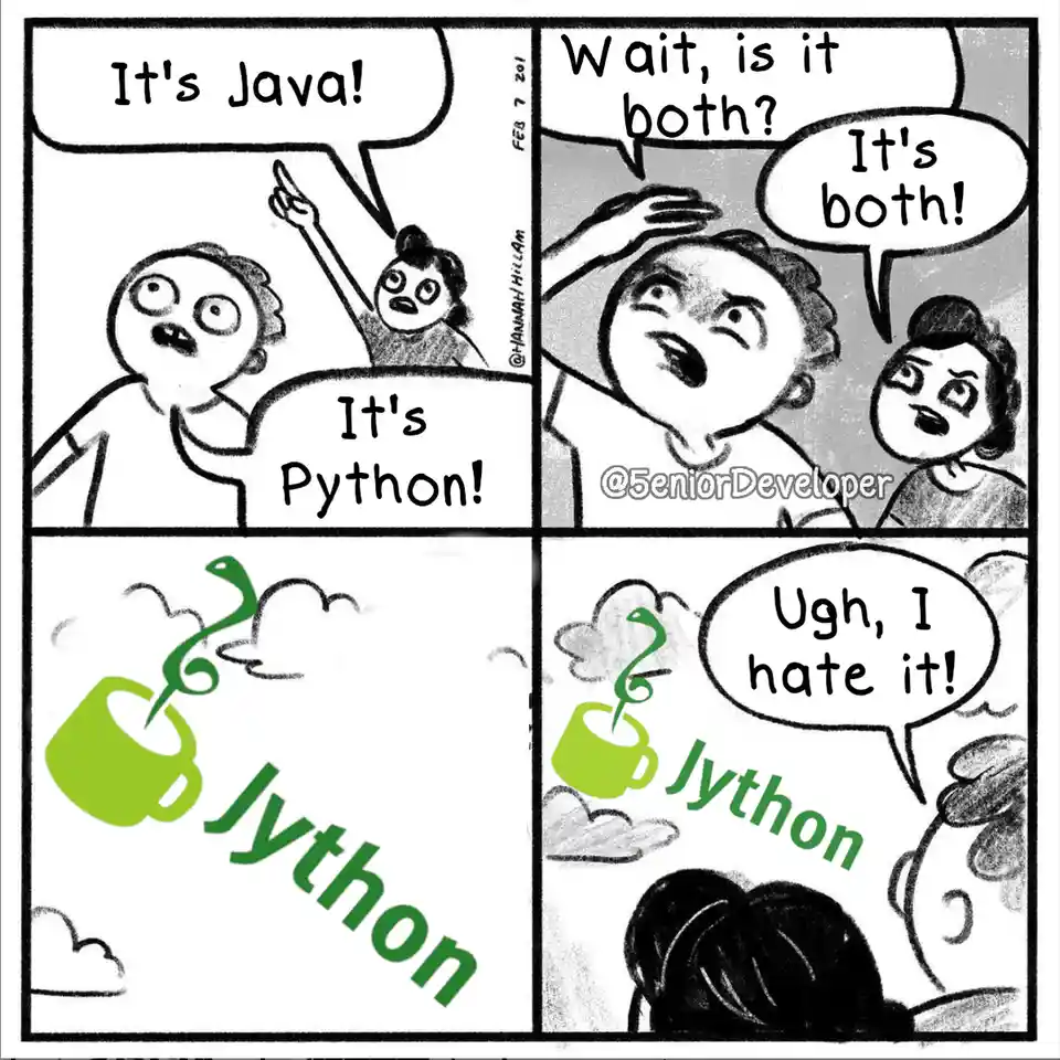 A four-panel comic shows two developers arguing over whether a code is Java or Python. The first panel has one shouting…