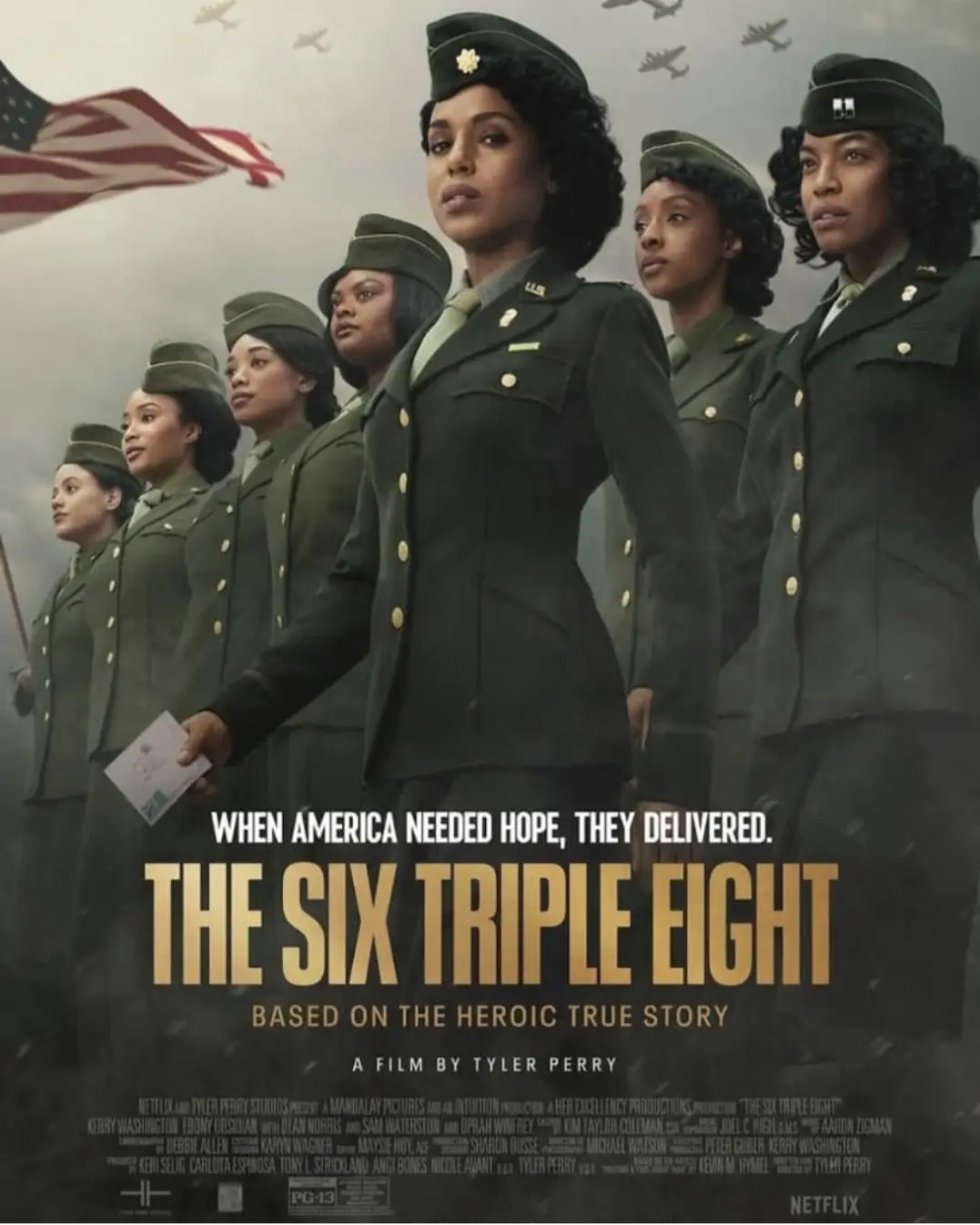 A movie poster for 'The Six Triple Eight' shows a line of Black women in U.S. Army uniforms standing solemnly under a cloudy…