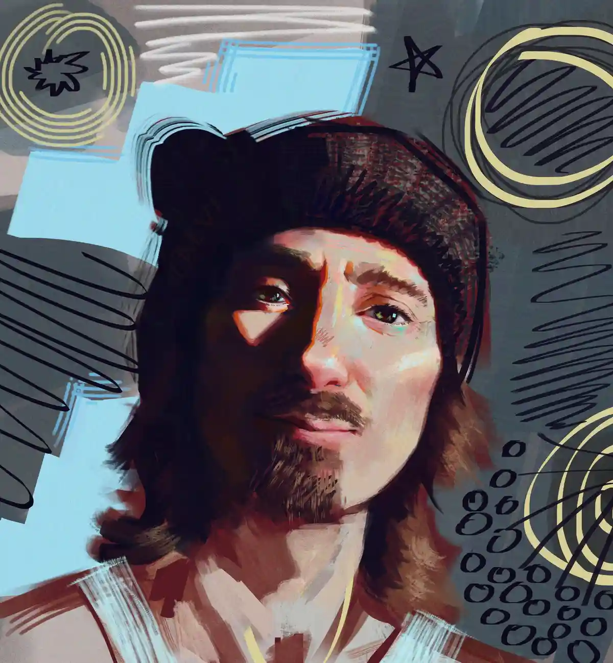 A stylized digital portrait of a man with long hair and a beard, wearing a dark beanie, looking directly at the viewer with…